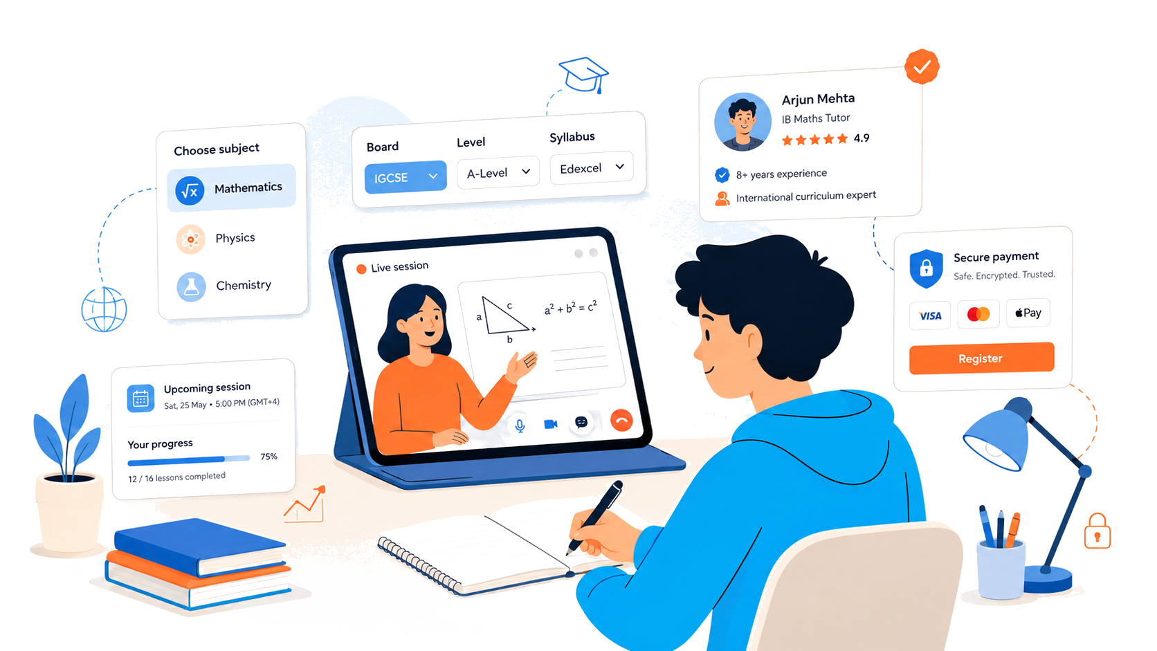 WeTeach course selection, teacher profile, schedule, progress and secure payment preview